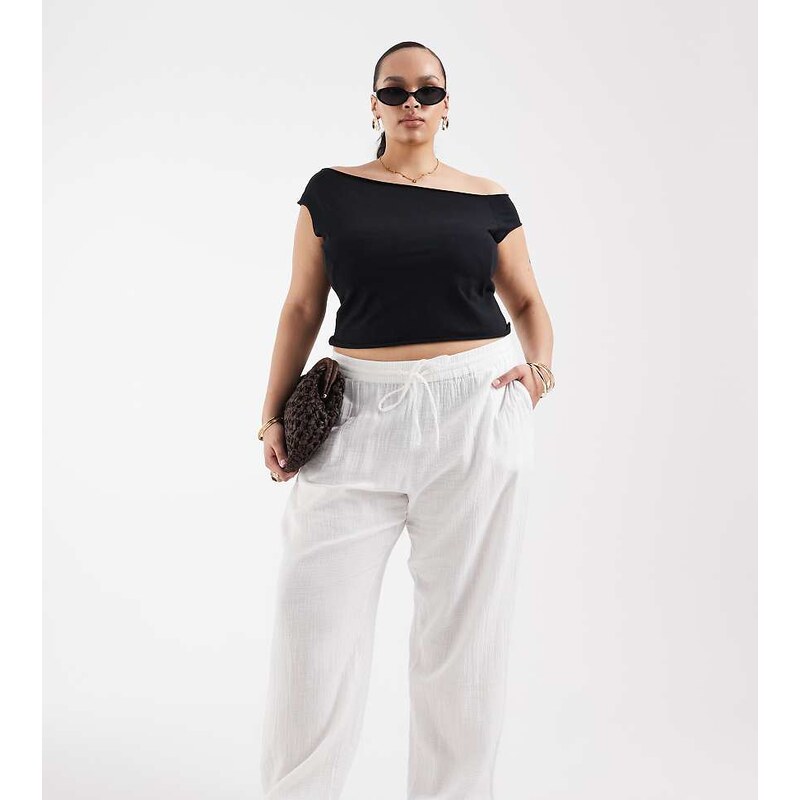 ONLY Curve wide leg cheesecloth trouser in white