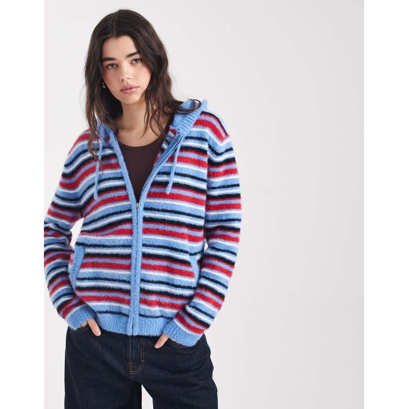 Daisy Street zip through fluffy knit with hood in blue and red