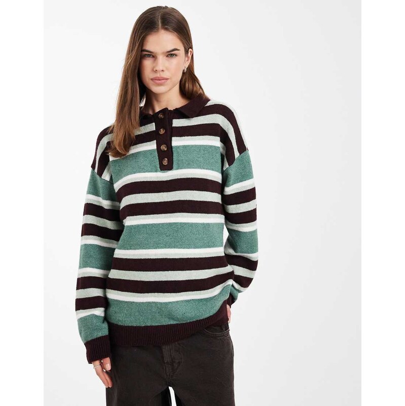 Daisy Street knit slouchy fit rugby polo in green multi stripe 114688144