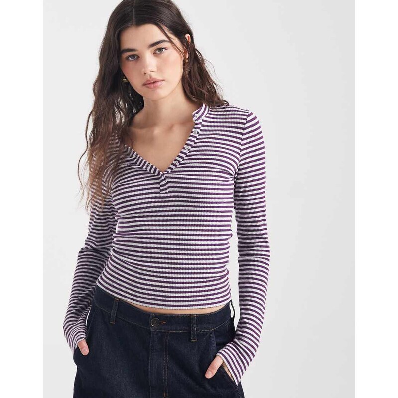 Cotton On Ryan henley long sleeve top in marle plum pulse-Purple 114688151
