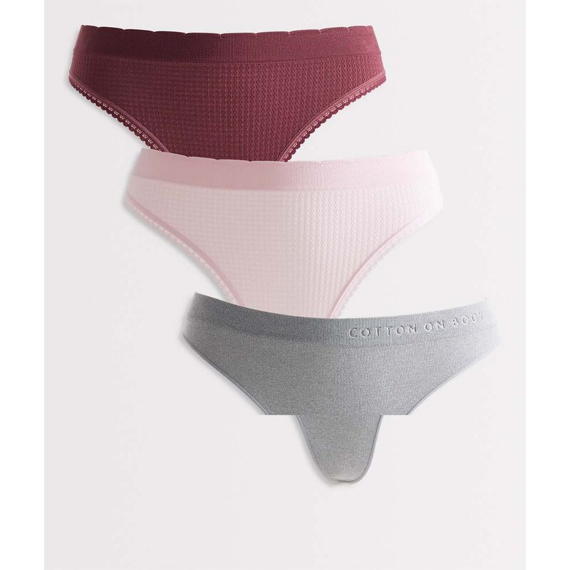 Cotton On 3 pack seamless high cut g string brief in pink, burgundy 114688197