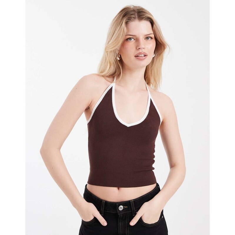 Cotton On halter knit with contrast bind in dark truffle-Brown