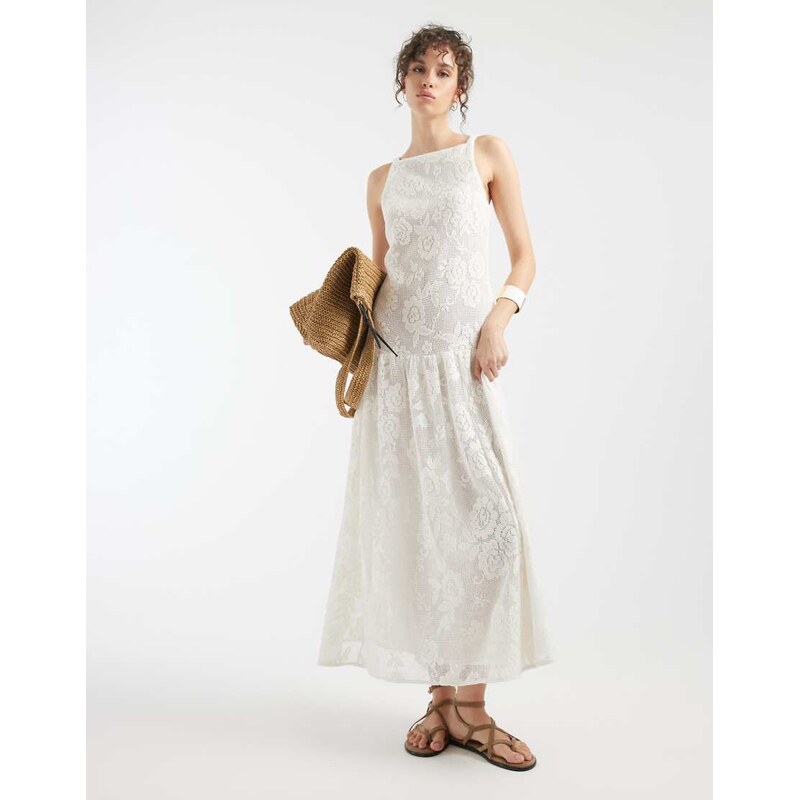ASOS DESIGN slash neck all over lace midi dress in ivory-White