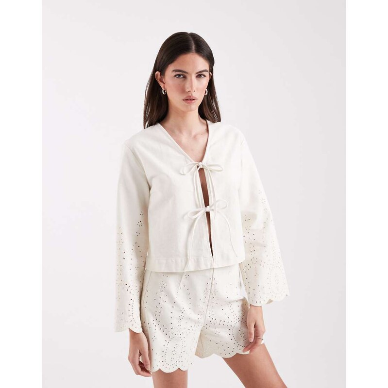 ONLY tie front denim jacket co-ord with crochet detail in ecru