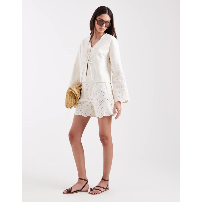 ONLY denim shorts co-ord with pointelle detail in ecru-White