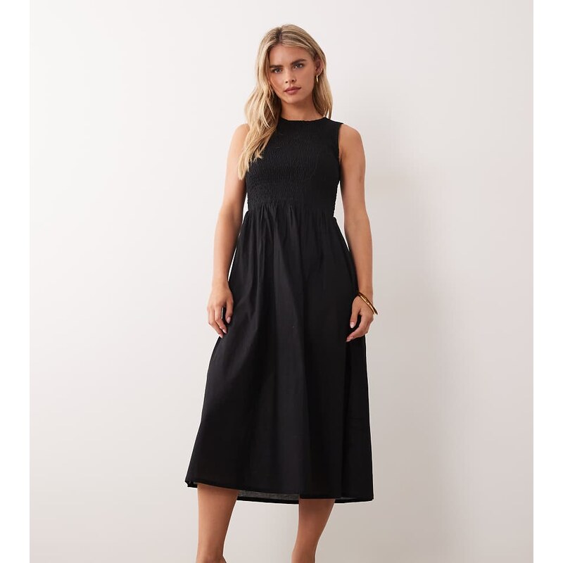 JDY Petite sleeveless smock midi dress with shirring in black