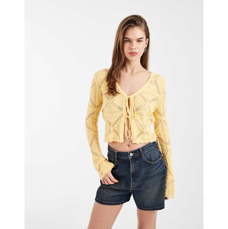 Vero Moda tie front patterned crochet cardigan in golden yellow 115541672