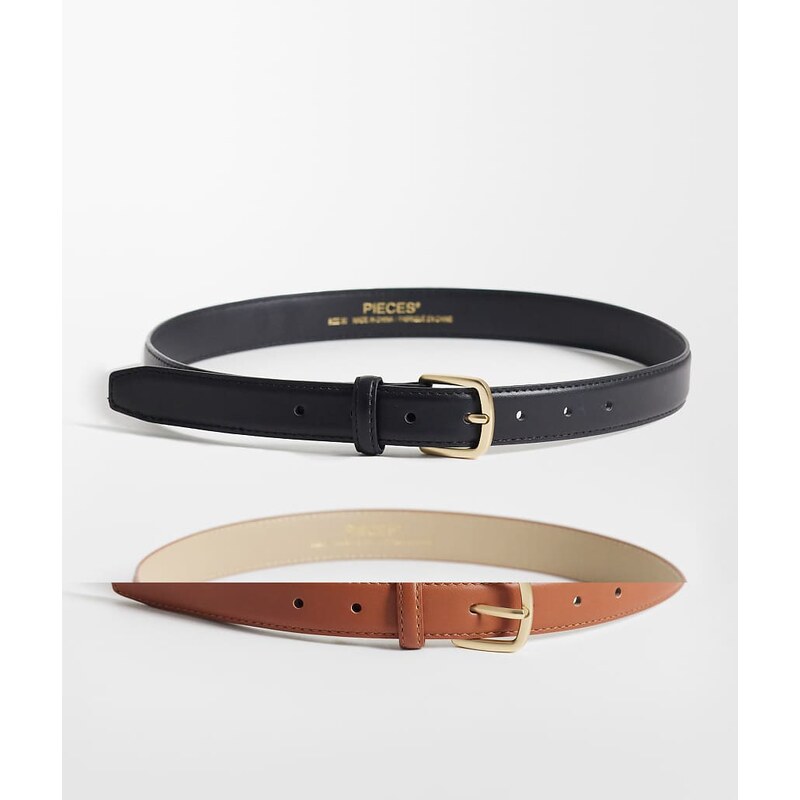 Pieces 2 pack gold buckle belts in black and cognac brown-Multi