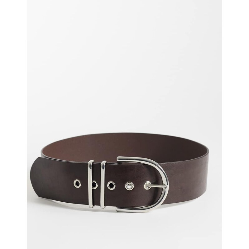 Mango 100% leather belt with silver buckle in brown
