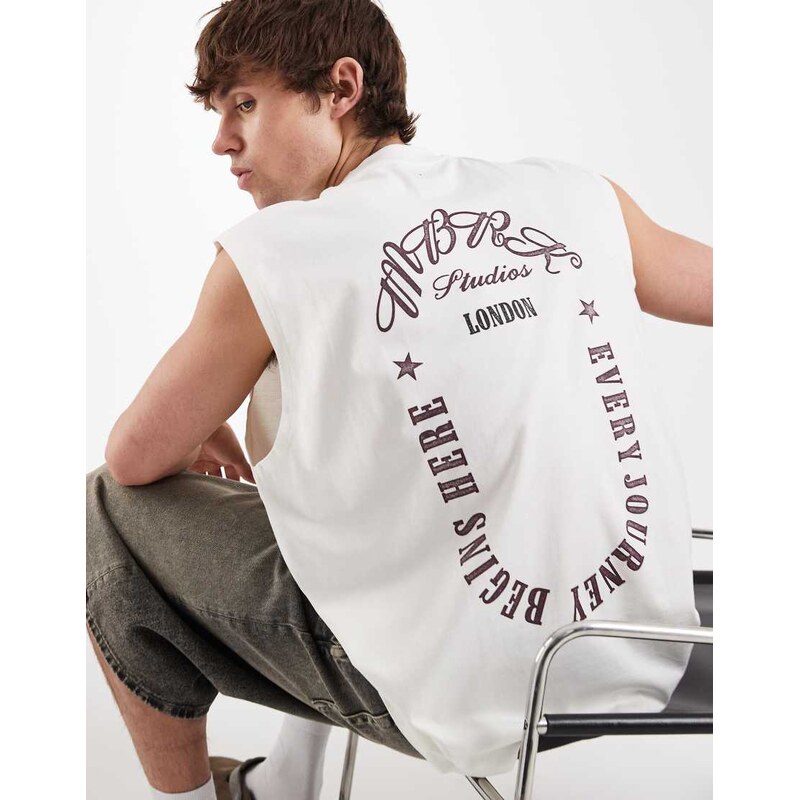 ASOS DESIGN oversized tank with MBRK text graphic in cream-White