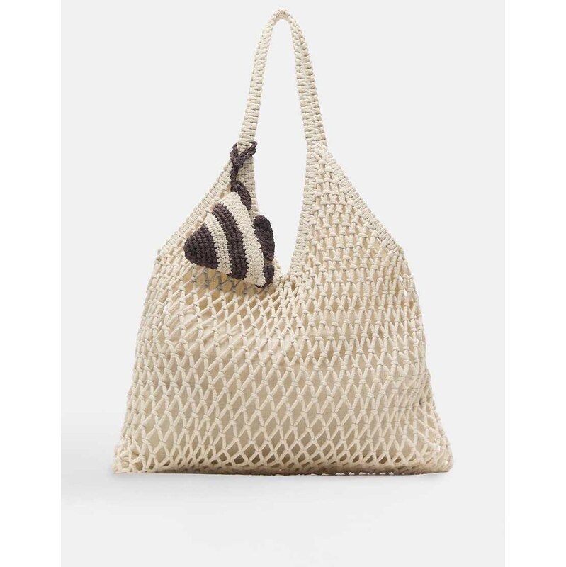 Pull&Bear Embellished macramé tote bag in ecru-White 114688401