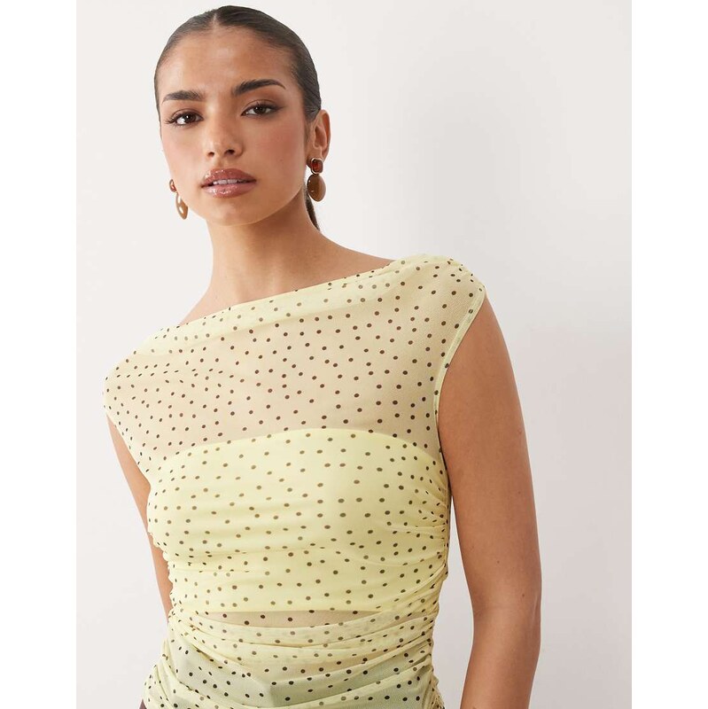 ASOS DESIGN mesh gathered short sleeve off shoulder top in