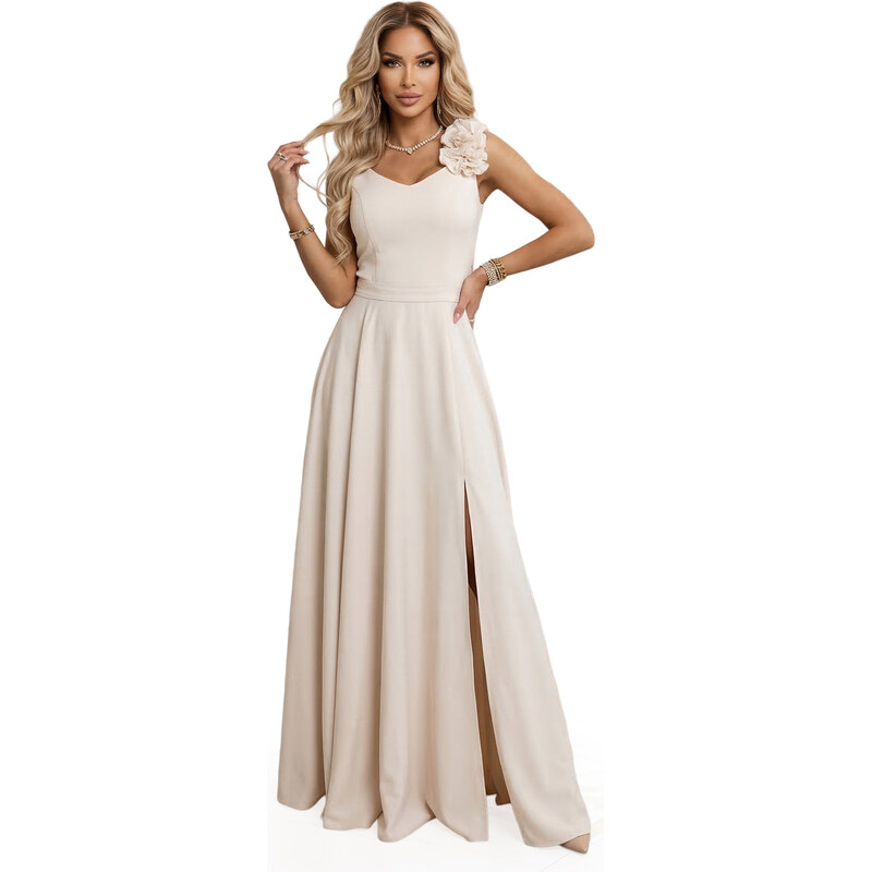 model 22067486 Elegantní večerní maxi šaty s rozparkem a růžemi