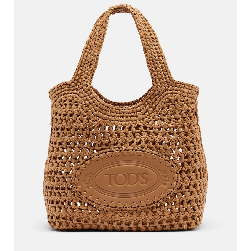 Tods Logo leather-trimmed raffia top-handle bag
