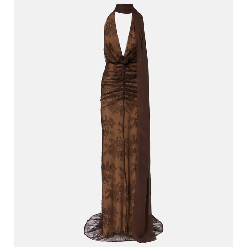 De La Vali Amora scarf-detail ruched lace maxi dress