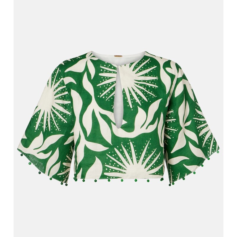 Cala de la Cruz Iris beaded printed linen crop top