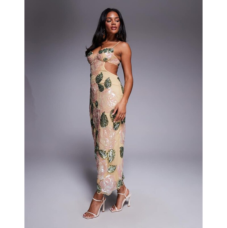 ASOS LUXE embellished beaded rose maxi dress in cream-White