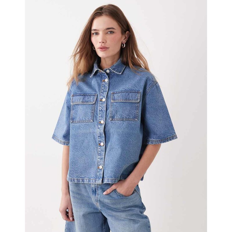 Miss Selfridge denim boxy shirt in mid blue wash