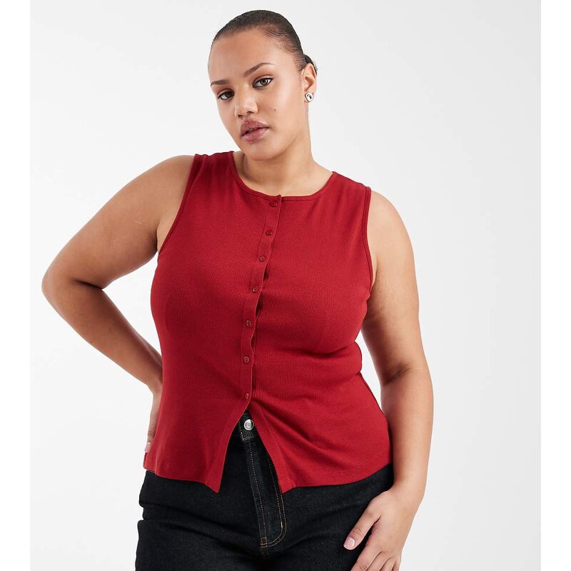 Brave Soul Plus Brave Soul Curve button down vest in red 114689581