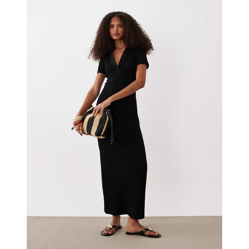 ASOS DESIGN ribbed short sleeve polo midi dress in black