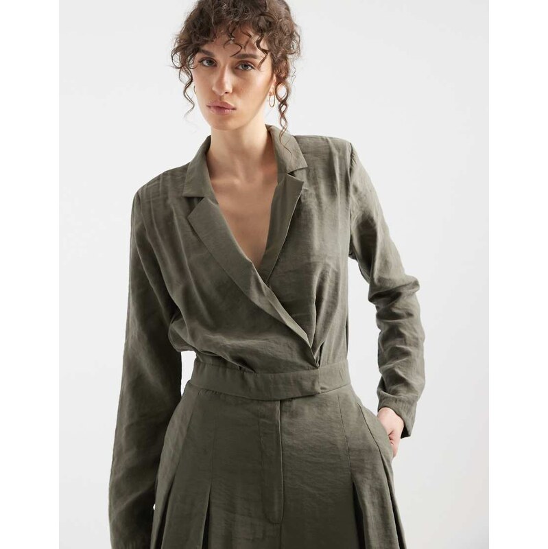 ASOS DESIGN cupro wrap jumpsuit in khaki-Green