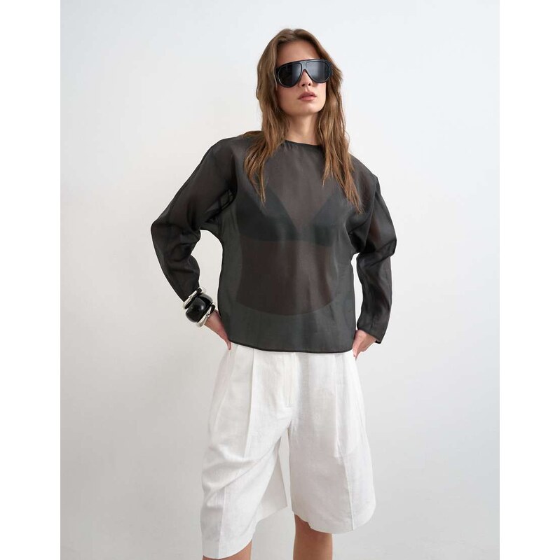 Topshop round neck organza top in black