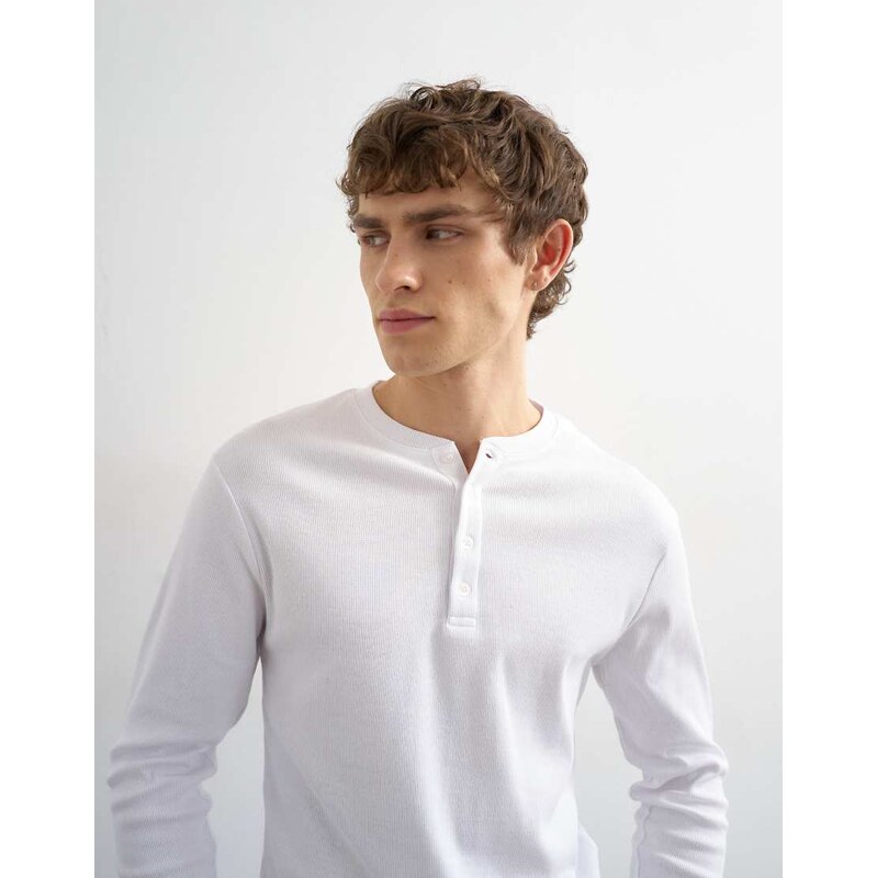 Topman classic fit long sleeve rib henley t-shirt in white