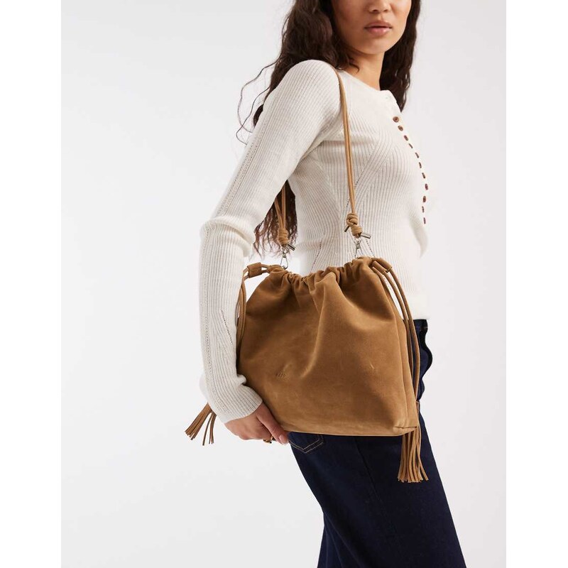PASQ faux suede draw string bag in tan-Brown 114689887