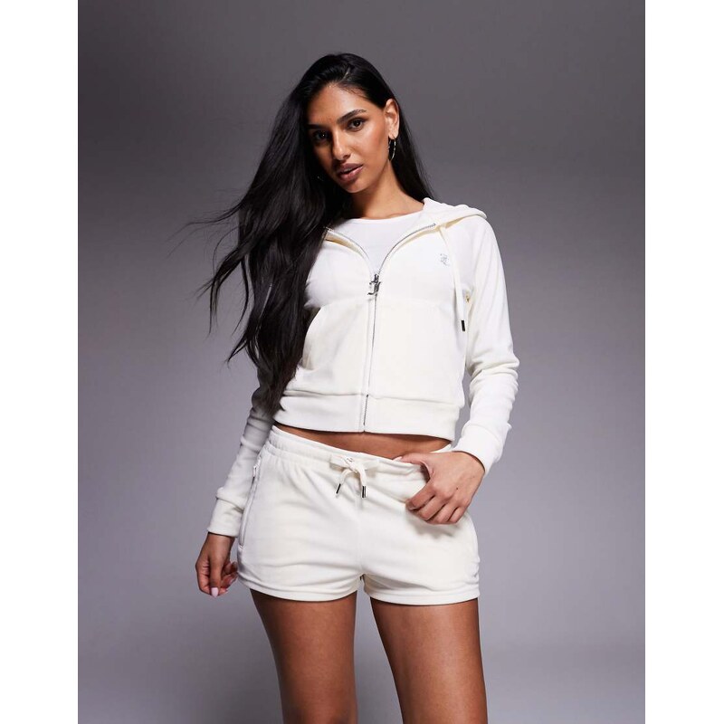 Juicy Couture co-ord velour diamante logo drawstring shorts in white 114689904
