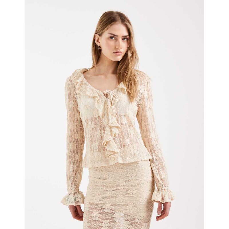 ONLY long sleeve lace top co-ord with ruffle detail in cream