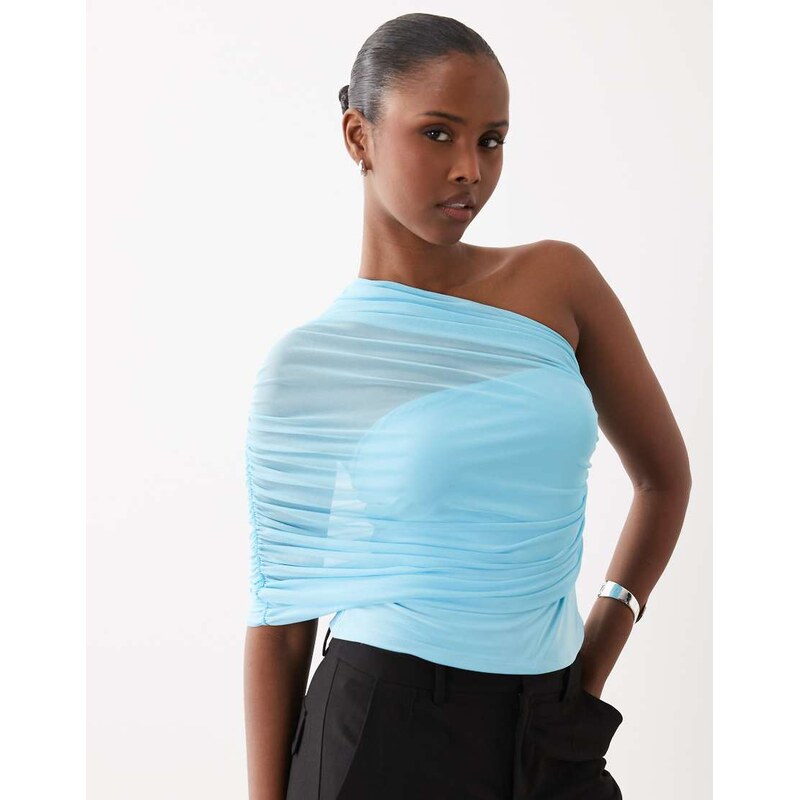 ASOS DESIGN mesh one shoulder top with ruching in blue