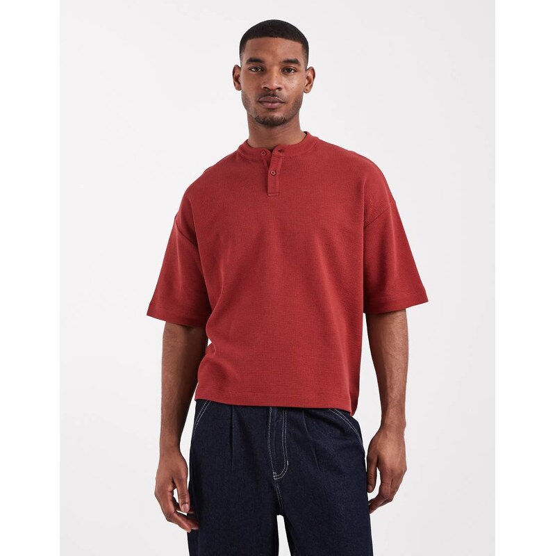 ASOS DESIGN boxy oversized t-shirt with henley neck in red