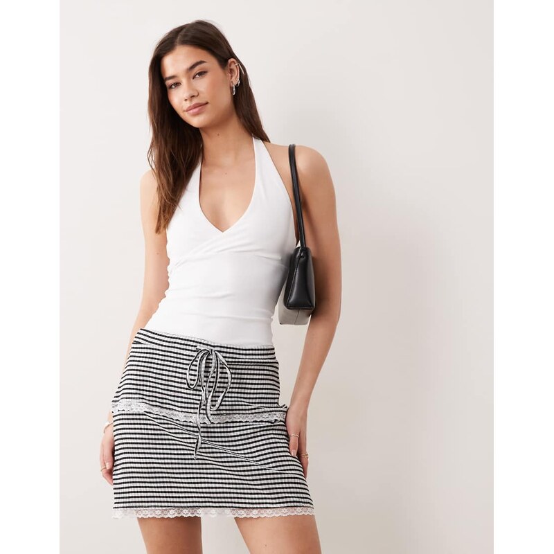 ASOS DESIGN co-ord gingham skirt with lace trims in mono-Multi