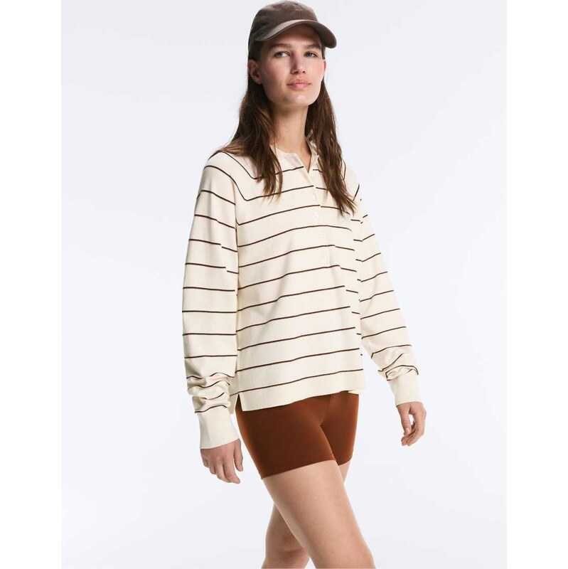OYSHO Striped long-sleeve polo shirt in pale ecru-Neutral 114690115