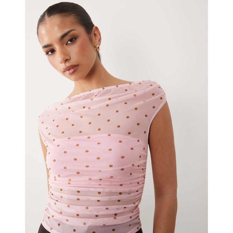 ASOS DESIGN mesh gathered short sleeve off shoulder top in pink