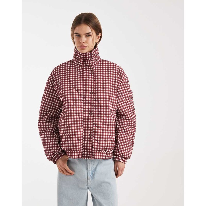 ASOS DESIGN quilted bomber jacket with yoke detail in red gingham 115516276