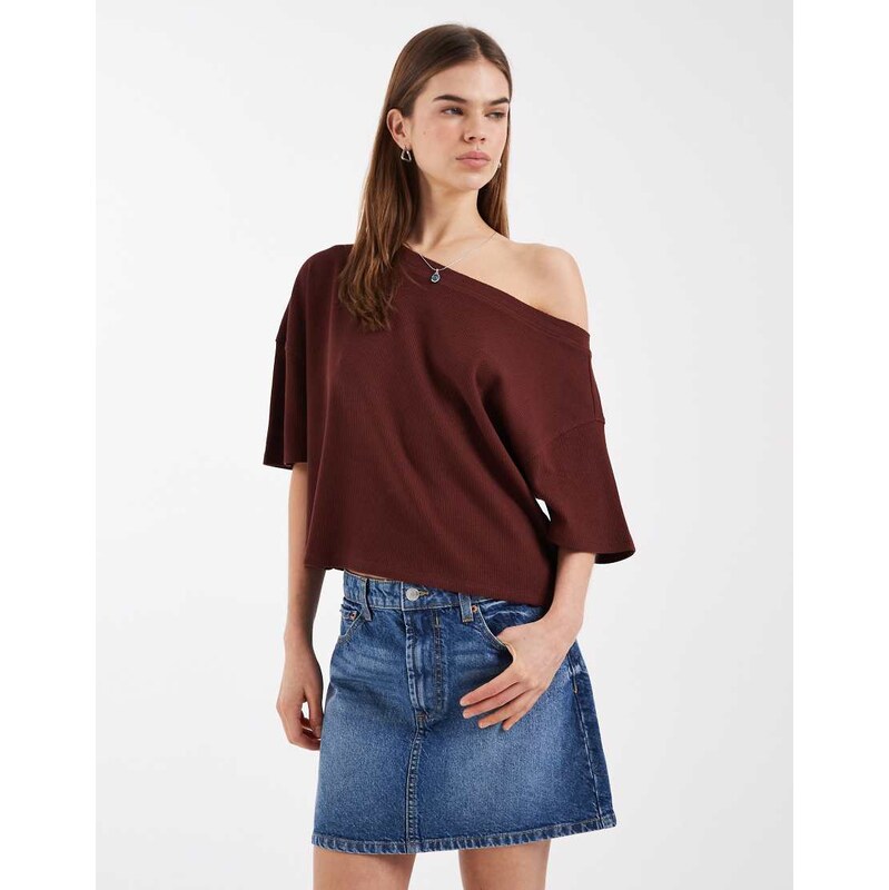 ASOS DESIGN boxy off shoulder waffle t-shirt in chocolate-Brown