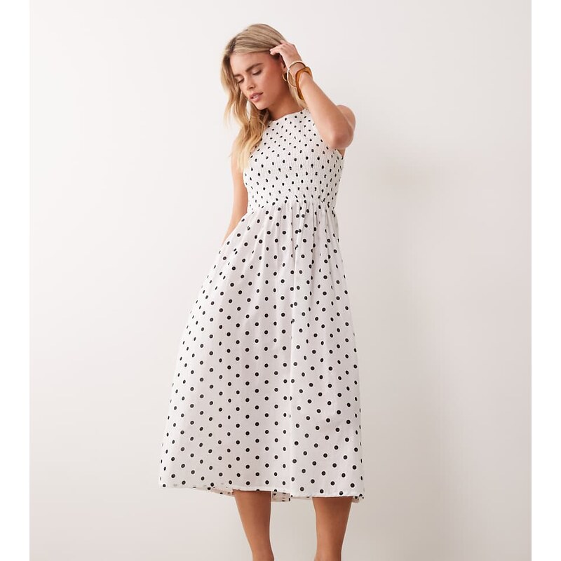 JDY Petite sleeveless smock midi dress with shirring in white polka 115522212