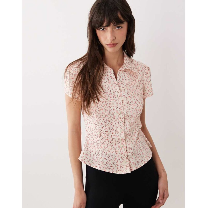 Miss Selfridge short sleeve poplin fitted shirt in pink ditsy