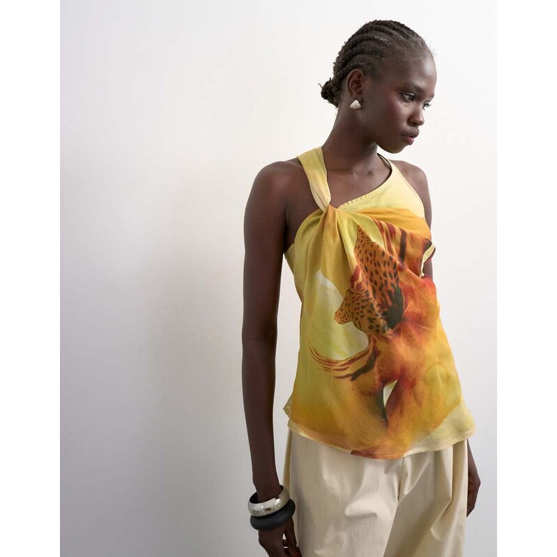 Topshop draped knot shoulder detail top in large yellow floral