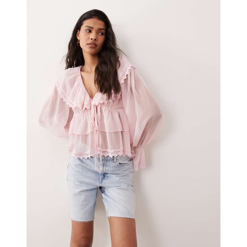 Miss Selfridge chiffon ruffle tie front blouse in light pink