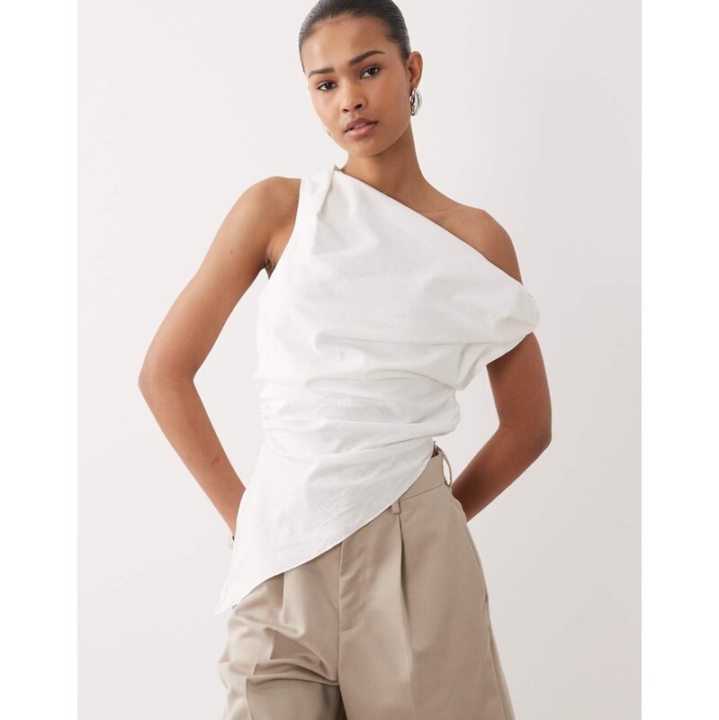 SNDYS linen blend asymmetric ruched detail top in white 114841218