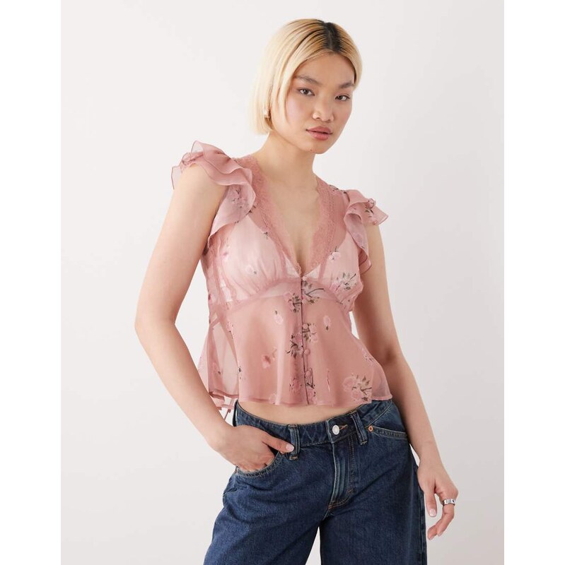 Reclaimed Vintage tea top with lace trims and button down in