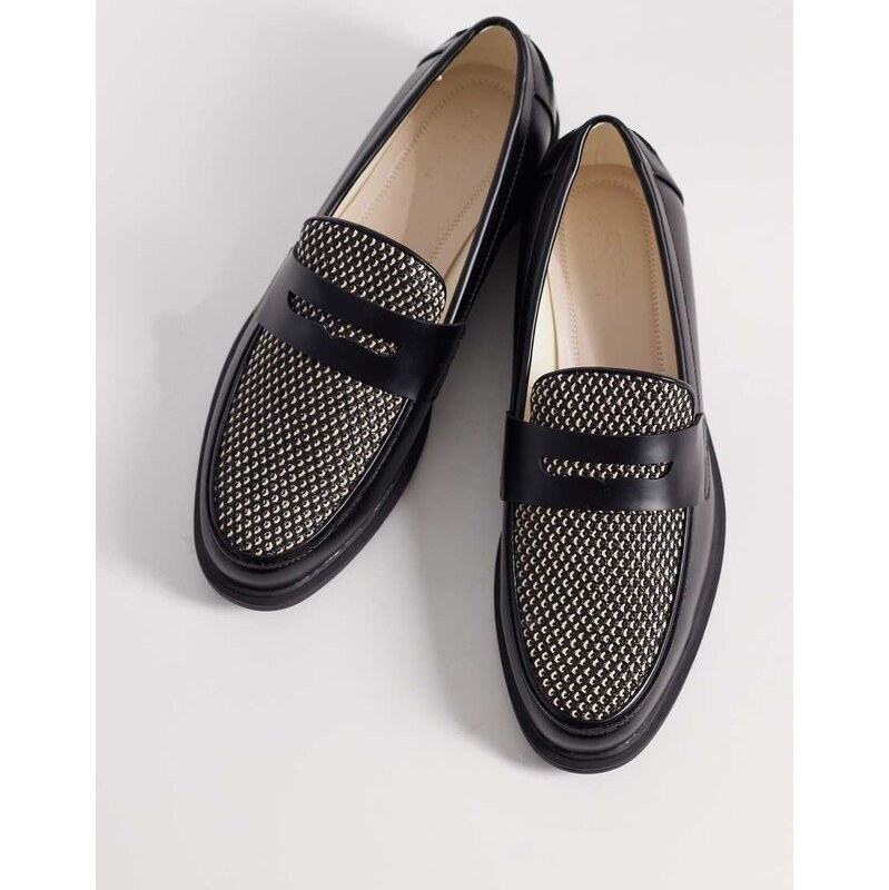 ASOS DESIGN two tone penny loafers with raffia detail in black