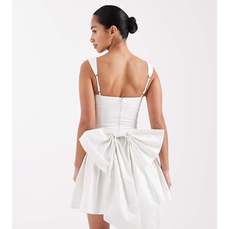 TFNC Petite Bridal corset pleated mini dress with bow back in