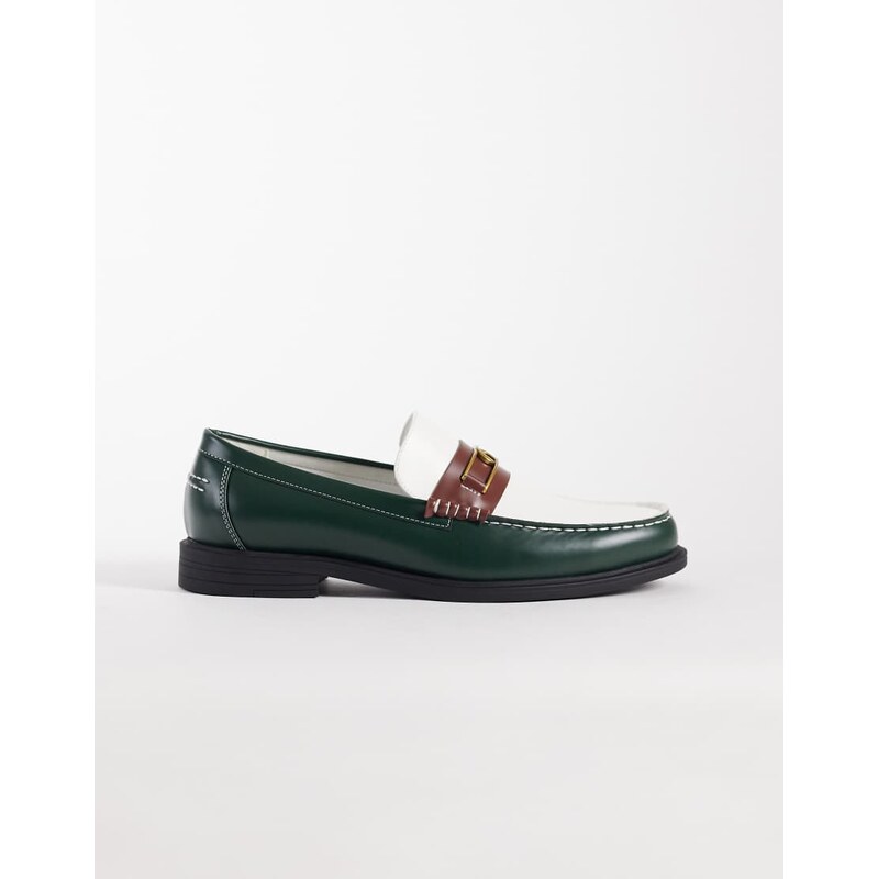ASOS DESIGN penny loafers with gold hardware in green and cream