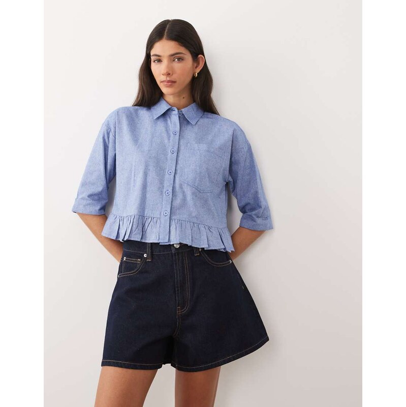 Wednesdays Girl ruffle edged long sleeve top in blue chambray