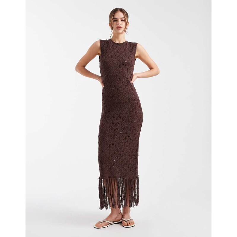 New Look fringe hem maxi dress in brown