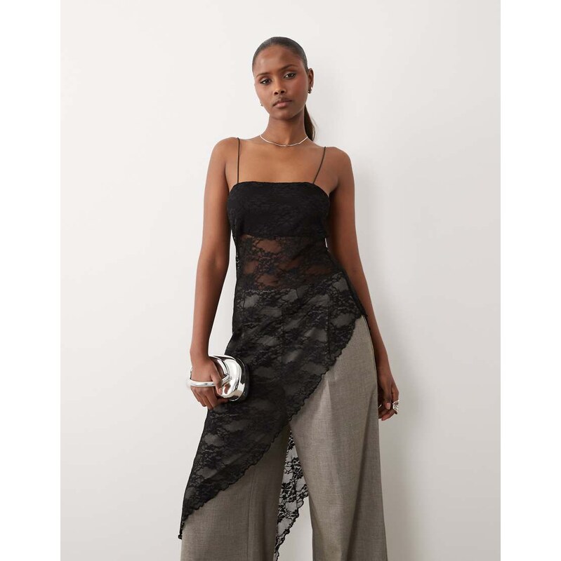 ASOS DESIGN lace cami top with asymmetrical hem in black