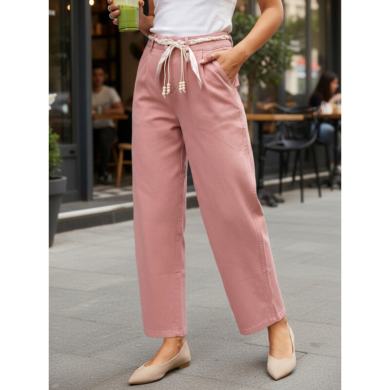 Dámské kalhoty s vysokým pasem a záševky růžové FashionStreet UY2904 114693833
